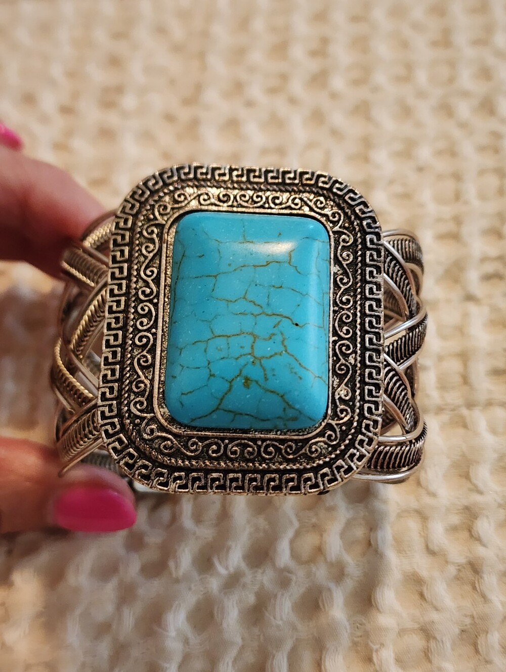 Silver-tone Turquoise Statement Cuff Wire Twist Bracelet Square Cabachon